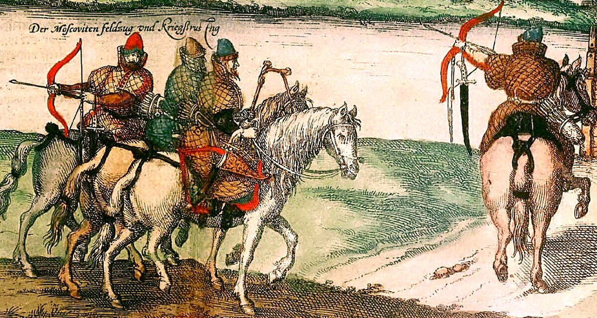 Русские всадники в тегиляях. Раскрашенная гравюра из издания «Записок о Московитских делах» Сигизмунда Герберштейна 1556 г.