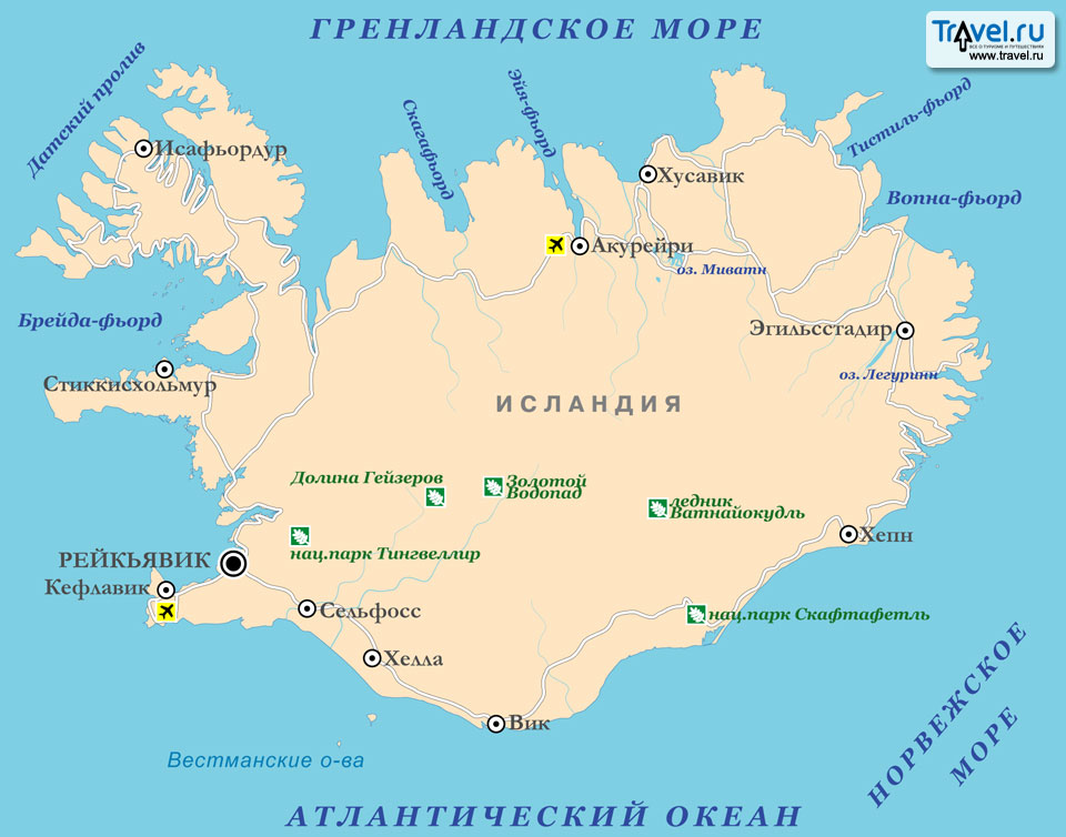 Карта исландии на русском языке с городами подробная