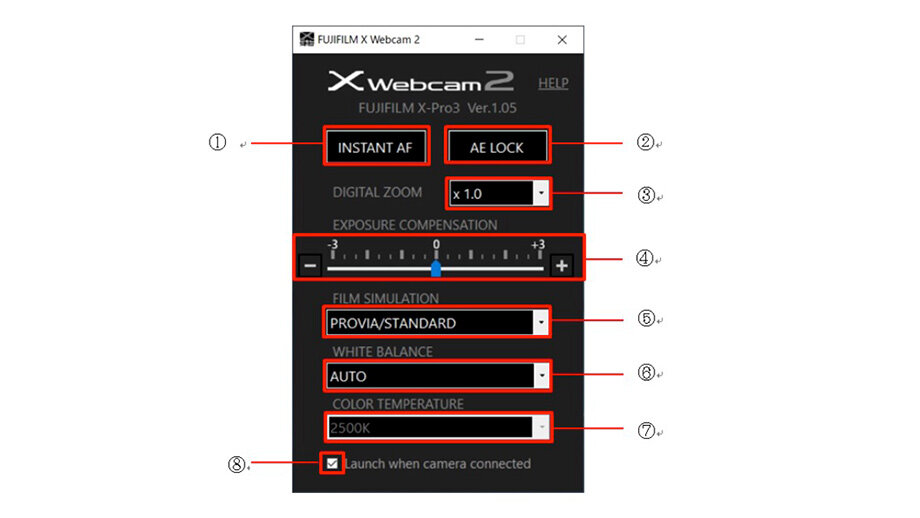 
Программа FUJIFILM X Webcam v2.0 позволяет изменять настройки во время онлайн-трансляции