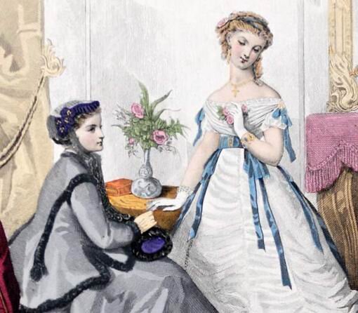 Бальное платье с драпировкой по вертикальным швам, 1867 год