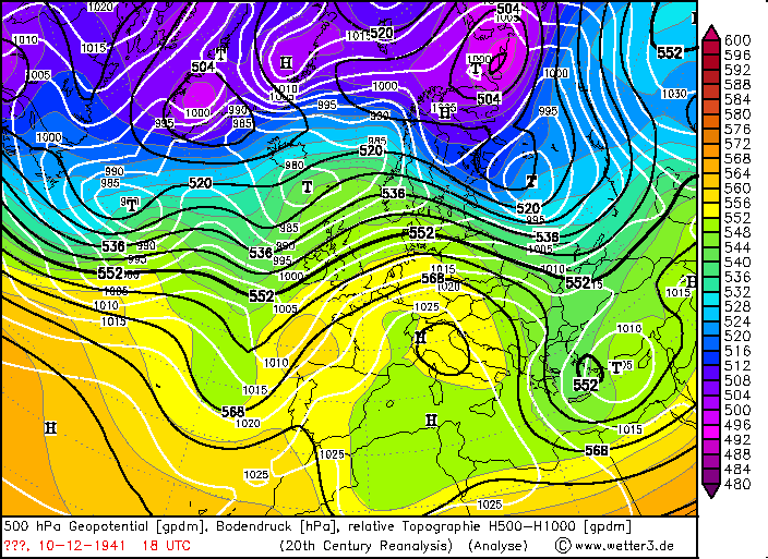 
Карта реанализа за 18 UTC 10 декабря 1941 года. Высота геопотенциала 500 гПа и атмосферное давление на уровне моря. Погоду в Москве определяет глубокий циклон
Источник – www1.wetter3.de