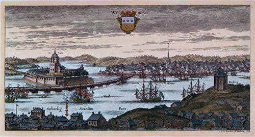 Выборг в начале XVIII века (рисунок с гравюры на меди, I. van der Aveelen), 1709 (commons.wikimedia.org, http://www.viipuri2000.vbg.ru/andersin/engl/ala73.html, PD-US)