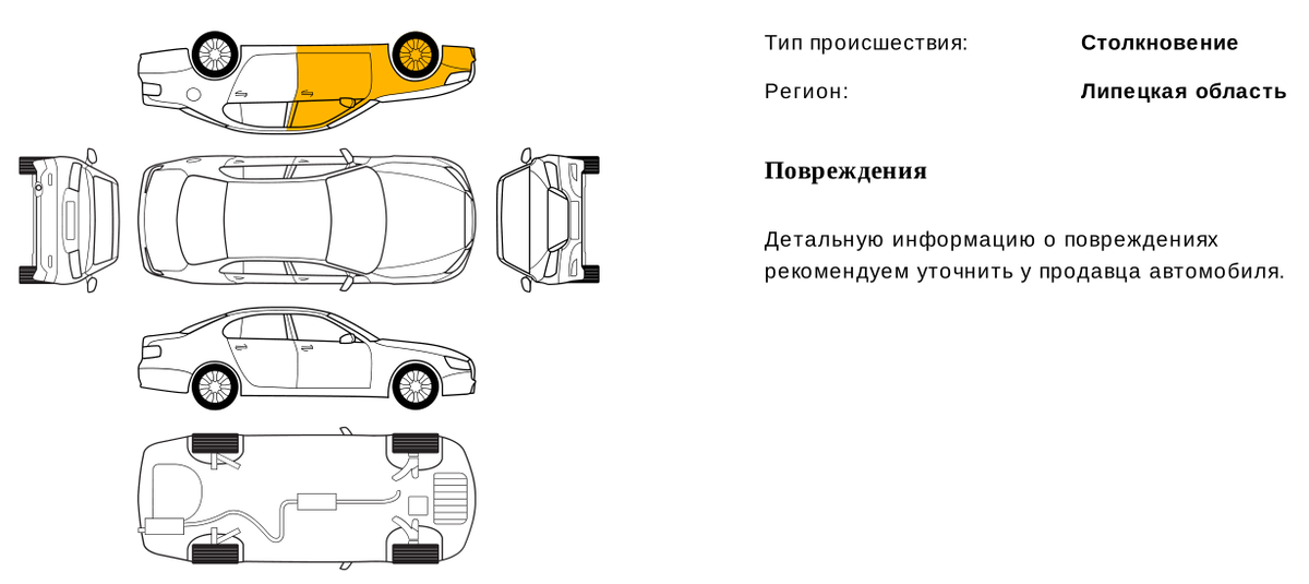 Жёлтым цветом в отчёте отмечены возможные места повреждений авто, которые не повлияли на геометрию кузова и эксплуатационные характеристики машины