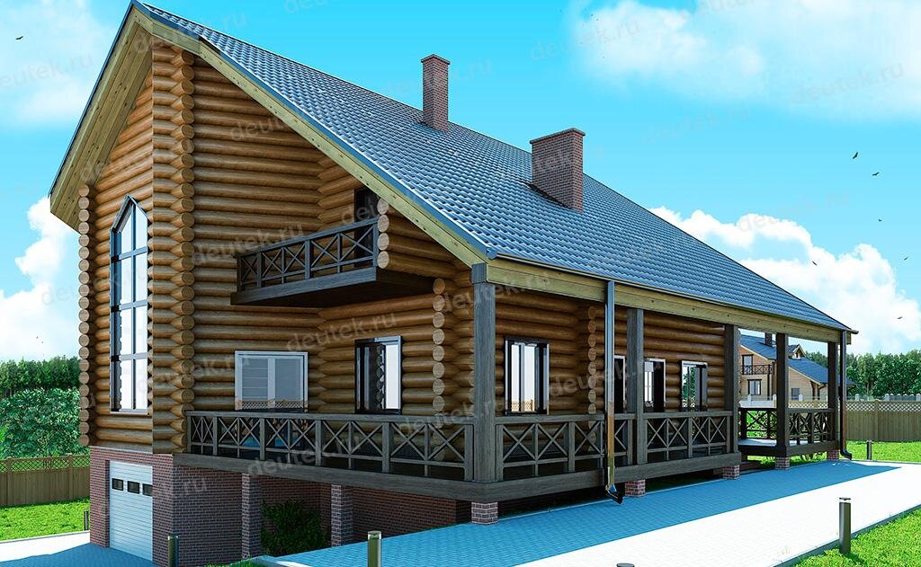 Проект деревянного дома 325 м2 из оцилиндрованного бревна с террасой - DTW0007