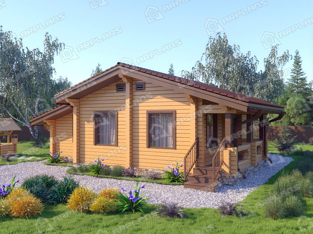 Фото 1 одноэтажного дома из бруса с 2 спальнями и террасой. Общая площадь до 100 (61) кв м. Источник arplans.ru Проект ДС-057
