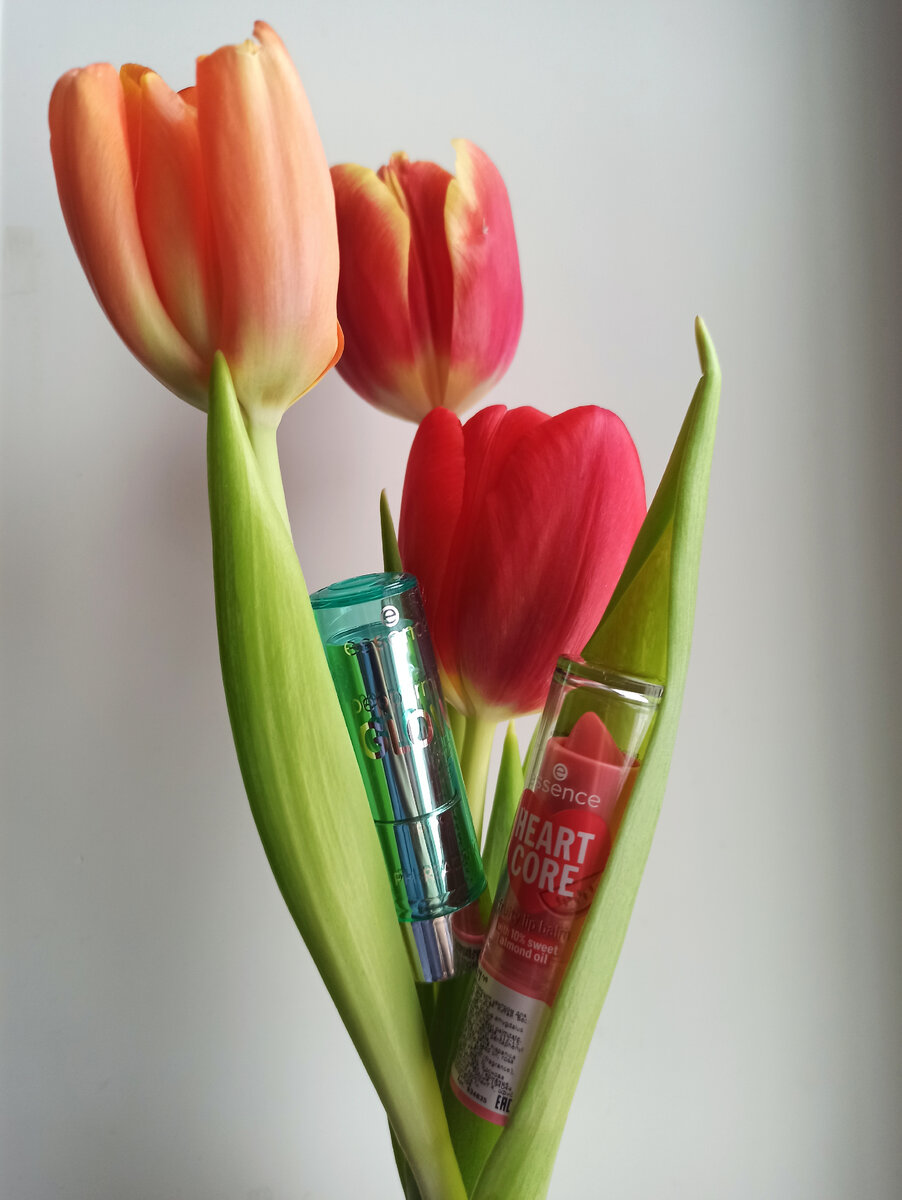 На фото тюльпаны, что подарили нам в ТЦ. А так же отсутствует третья помада-Софья уже активно ею пользуется