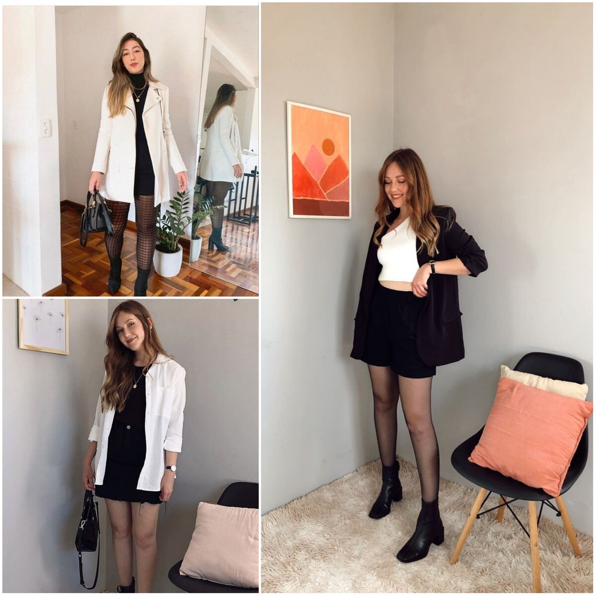 Здесь девушка выстраивала вертикаль и использовала два разных пиджака. Мне больше нравится образ с белым топом и чёрным костюмом. Белый цвет возле лица и в районе груди прекрасно подходит этой девушке. По-моему образ смотрится стильно и модно.  