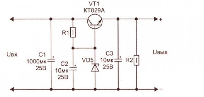 Схема стабилизатора на транзисторе и стабилитроне