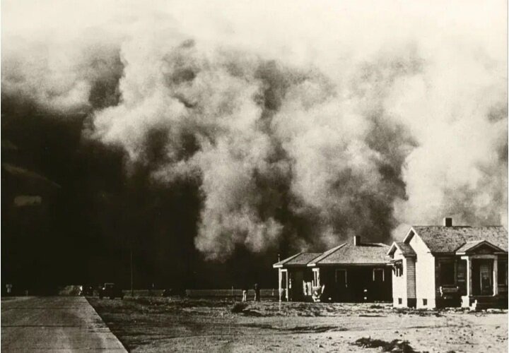 Тишина была жуткая. Мертвая. Ни звука. Ни дуновения. ... Статическое электричество вспыивало в небе синими дугами, танцевало в обрывках колючей проволоки, на металлических лопастях ветряной мельницы. Птицы падали с неба. И вдруг- тьма. Пыль вмиг забила глаза и носы.