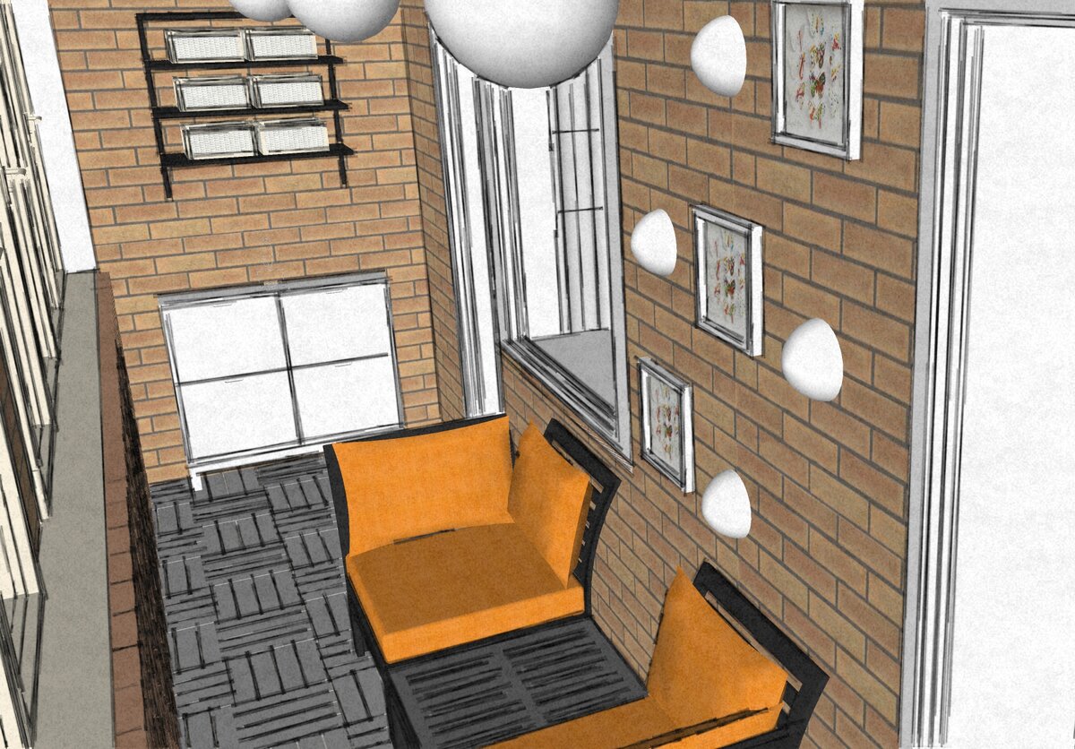 Эскиз балкона. В углу тумба для обуви и полки под обувные коробки.
