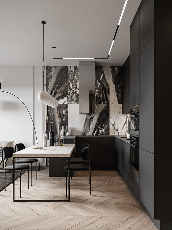 Этот роскошный интерьер квартиры с одной спальней дизайнера Алины Цауня очаровывает сочетанием лаконичных линий и благородных богатых текстур.