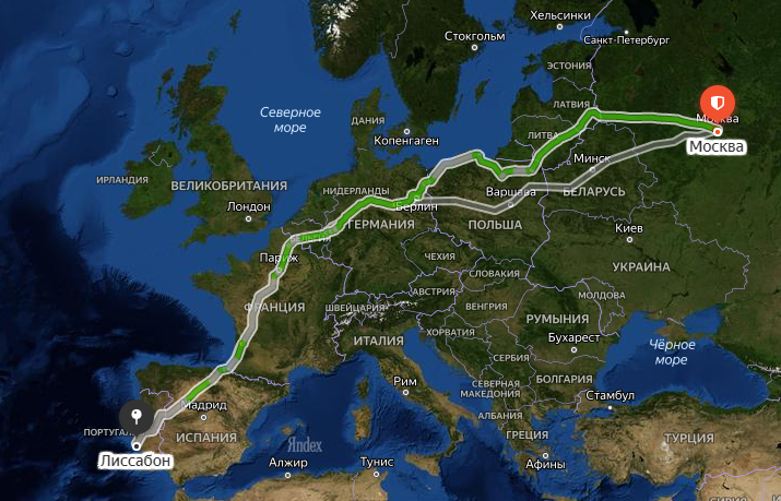 Автомобильный маршрут Москва-Лиссабон