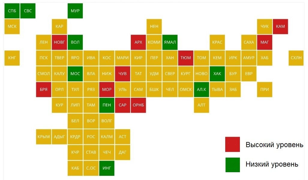 Карта регионов России с высоким и низким уровнем коррупции, по данным Генпрокуратуры.