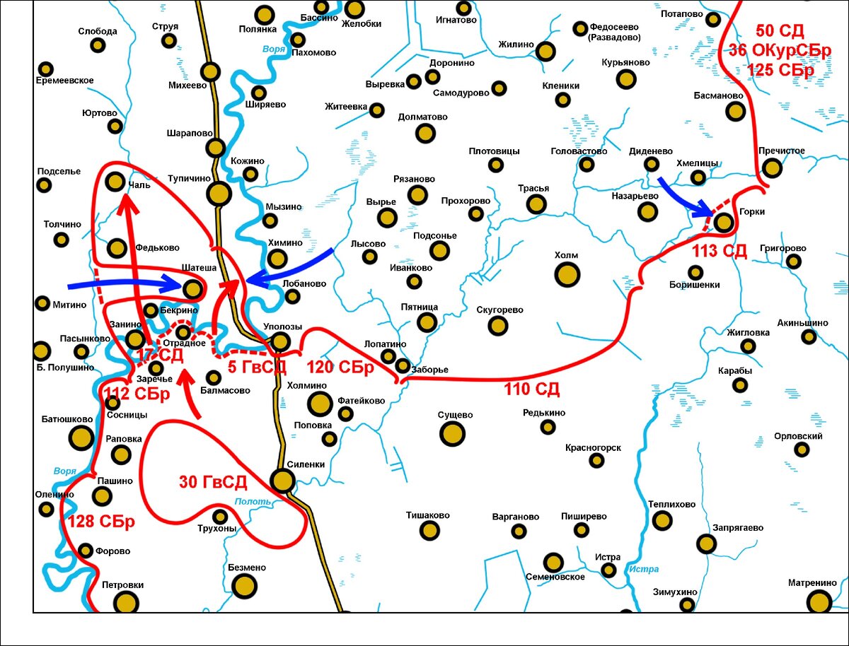 Возобновление наступления утром 24.08.1942 г. Положение частей к исходу дня. Карта полностью выполнена автором на основании подлинных документов частей 33-й Армии. 