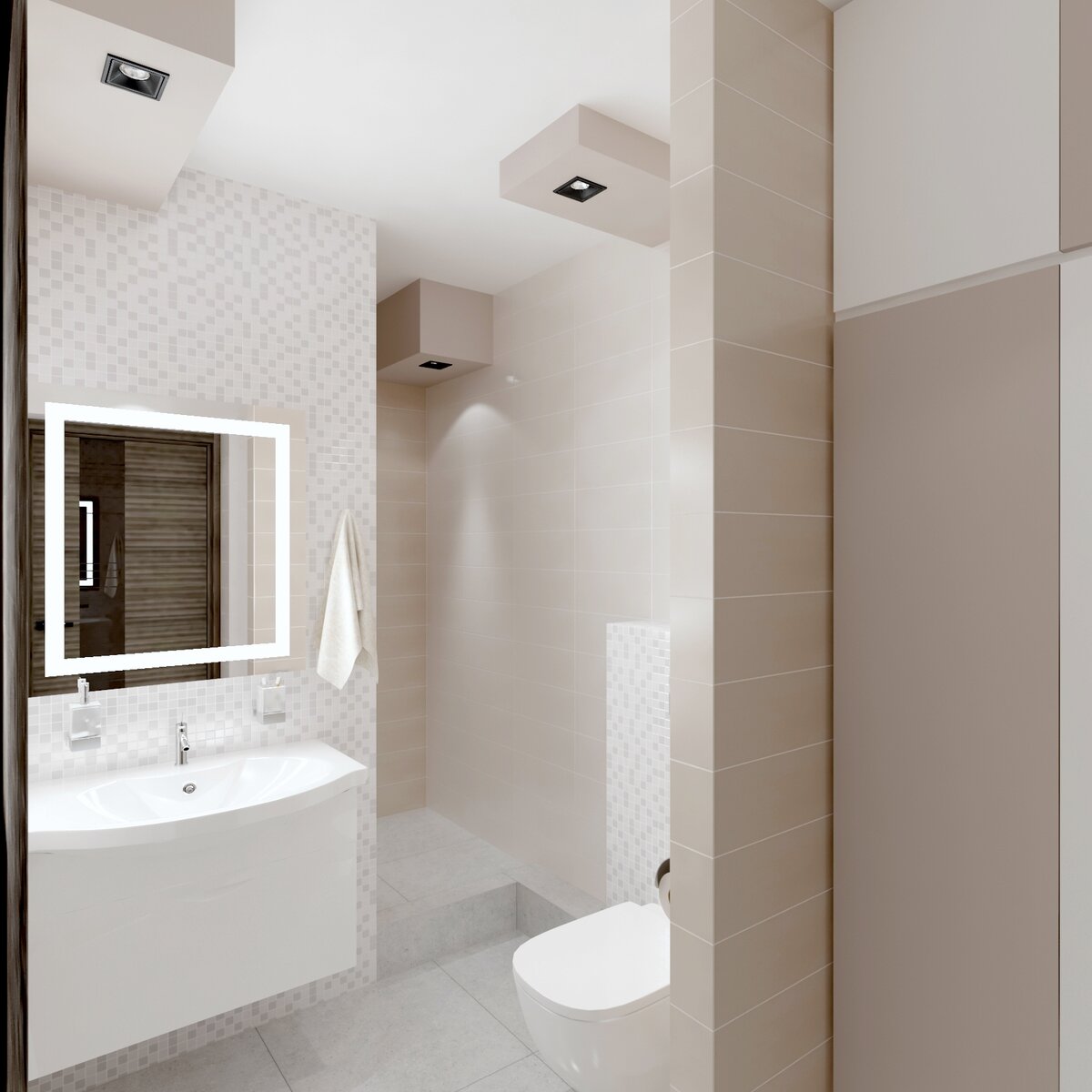 Подвесные умывальник и унитаз упрощают уборку.