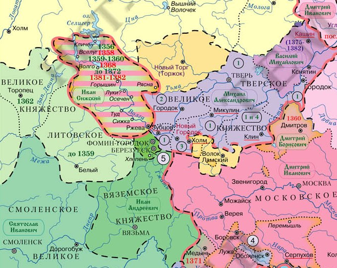 Московское и тверское княжество на карте