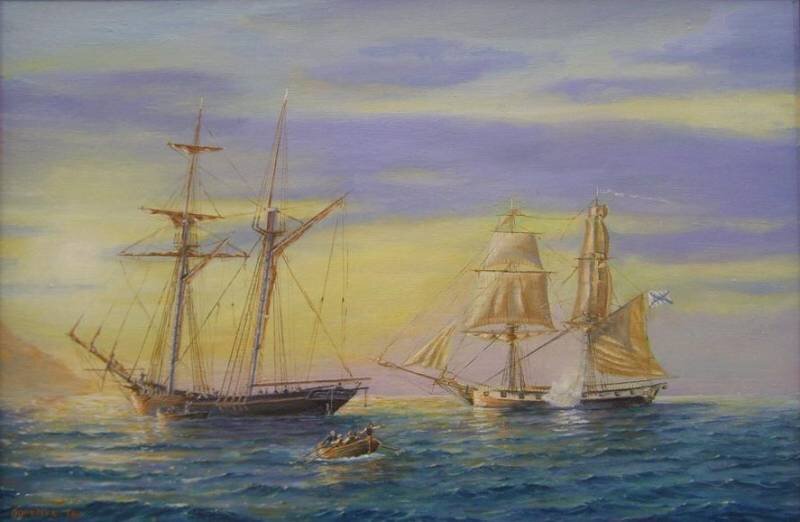 1836, 14 (26) ноября - Бригом «Аякс» в бухте Суджук-кале (ныне Новороссийская) задержана английская шхуна «Виксен» с контрабандой оружия. (Худ.В.Бородеко)