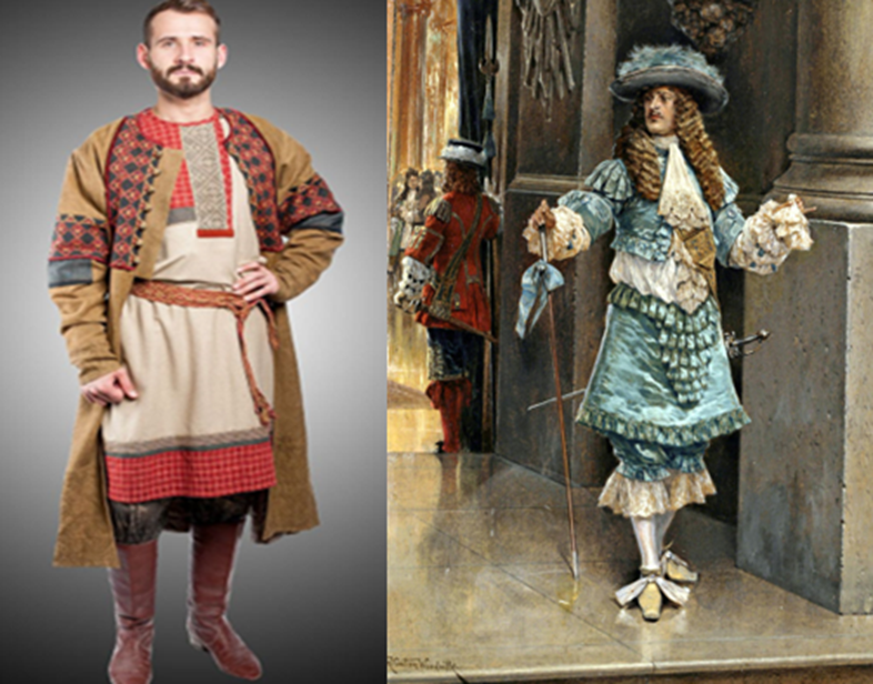 Мужской костюм до Петра был рационален и естествен, после реформ он демонстративно отделял «благородное сословие» от «черни»