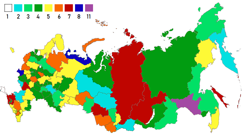 Крым и Севастополь были присоединены в 2014 году. Забайкальский, Камчатский и Пермский края были образованы в 2000-х годах. Севастополь - 2; Санкт-Петербург - 5; Москва - 3.