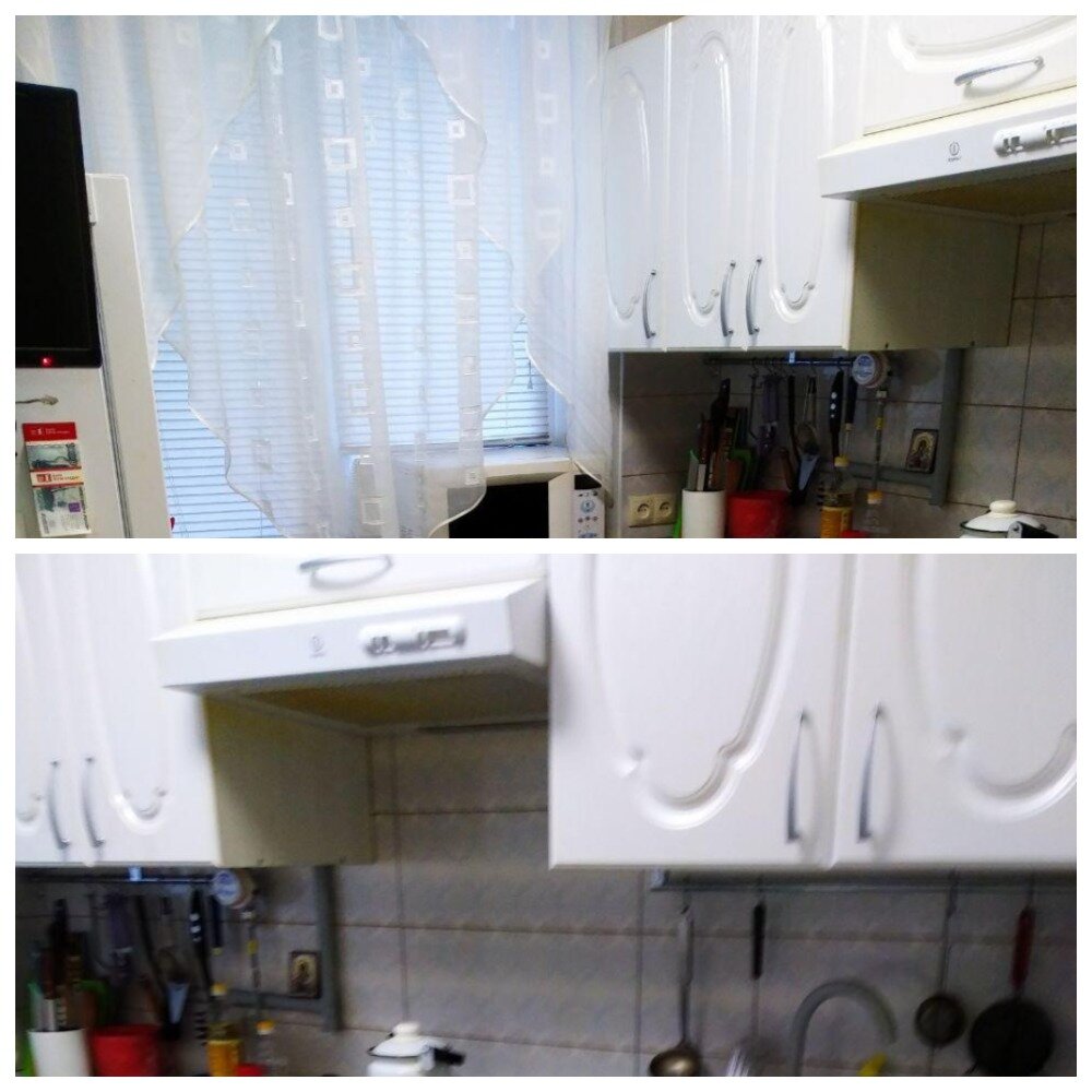 Вся мебель вдоль одной стены, холодильник и обеденный стол - напротив.