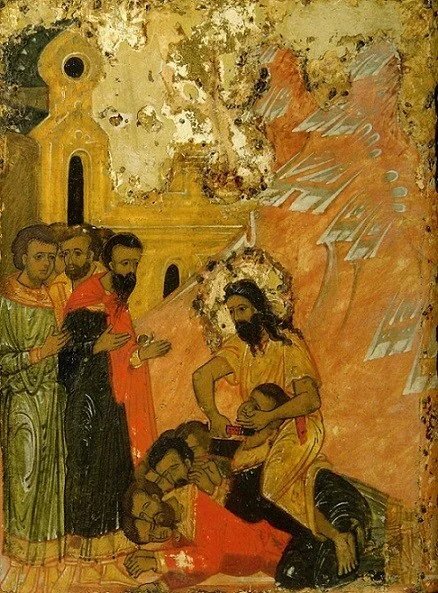 (ЗАКЛАНИЕ ЖРЕЦОВ ВААЛА. ФРАГМЕНТ ИКОНЫ ПРОРОК ИЛИЯ В ПУСТЫНЕ С ЖИТИЕМ. XVI в. ВОЛОГДА)