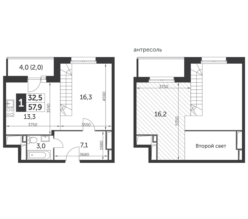 Однокомнатная двухуровневая квартира, fsk.ru