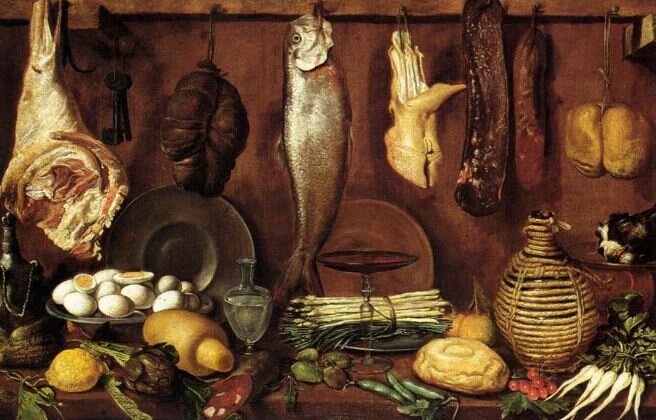 Картина Якопо Кименти "Кухонная снедь". На картине хоть и не селёдка, но рыба. И колбаса в наличии.