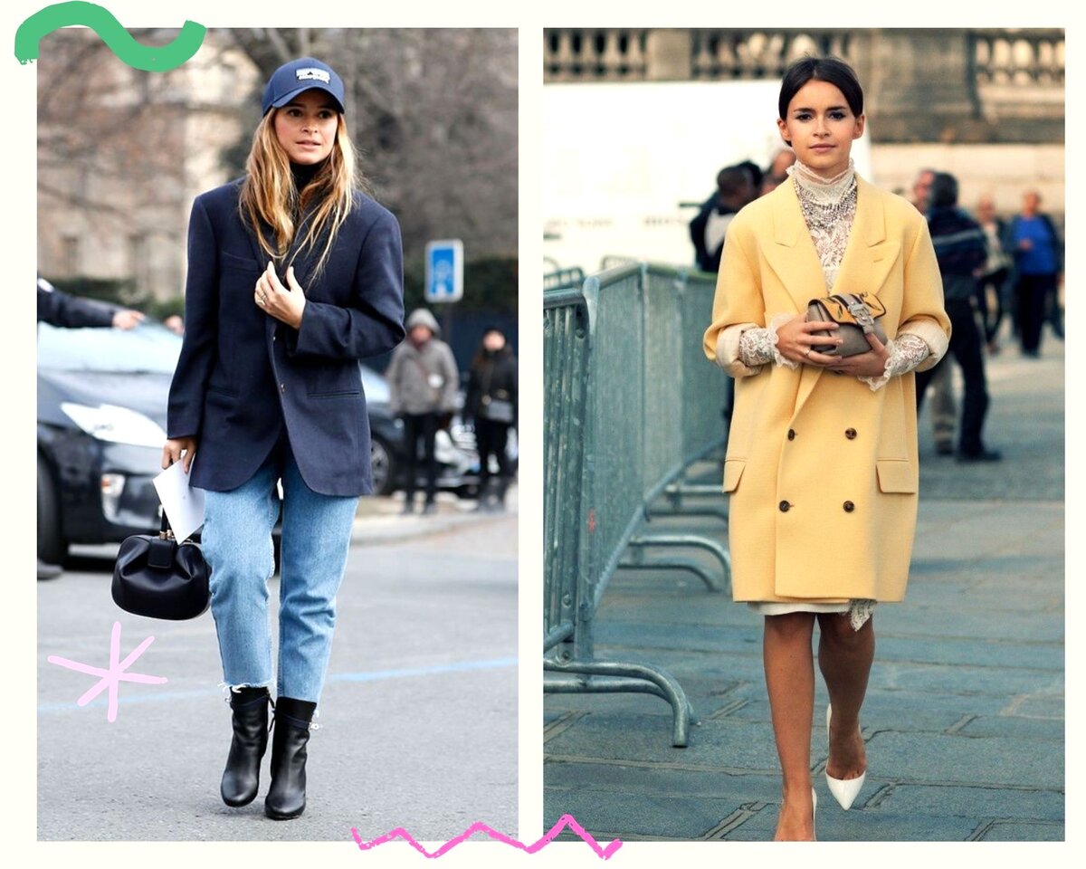 Примеры жакета и пальто оверсайз без акцента на талии.