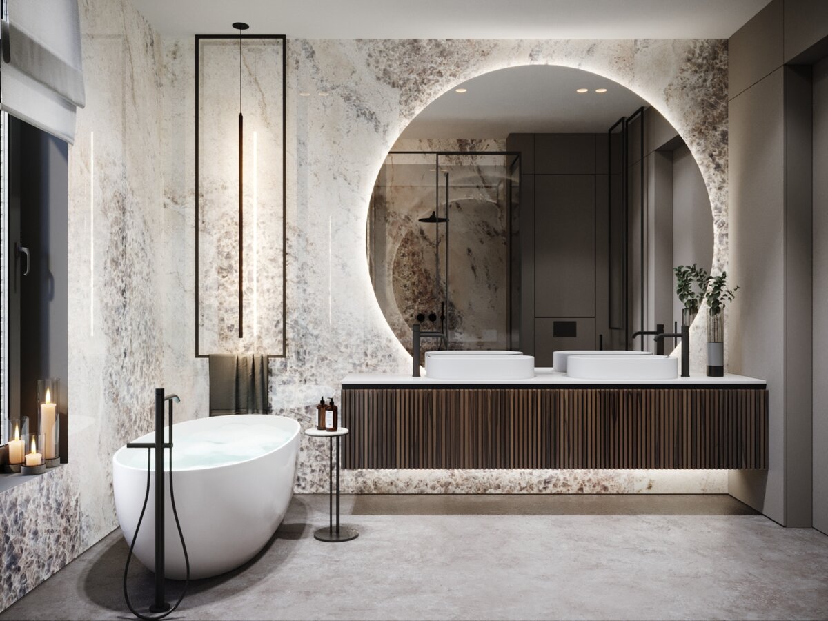 Дизайн интерьера ванной комнаты с черными смесителями