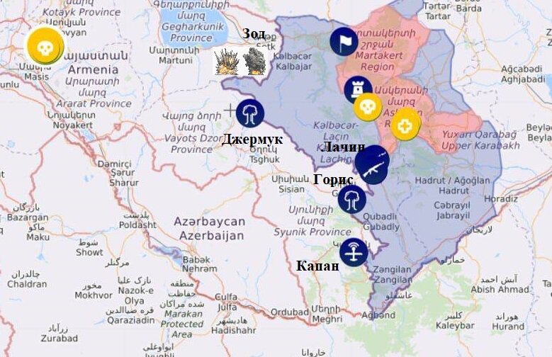 Взял из интернета наиболее информативную, на мой взгляд, карту. Добавил к ней обозначения на русском языке и те места ударов, которые были не учтены составителями. 