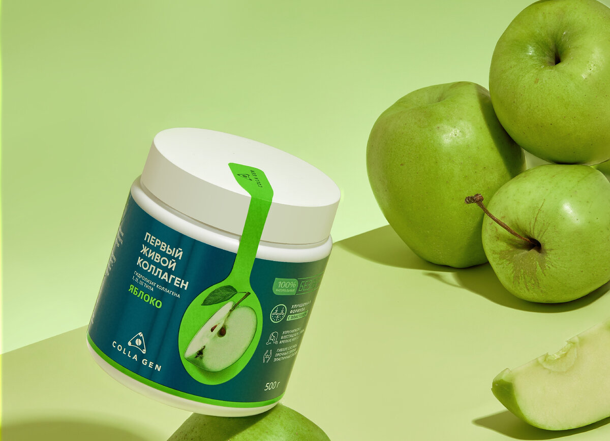 Первый Живой Коллаген со вкусом яблока. Улучшенная формула с эластином. Пищевой продукт выпускается по 500 г
