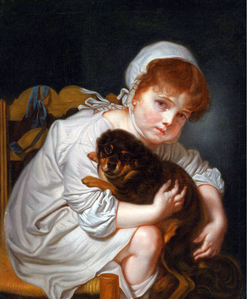 Жан Батист Грёз. Маленькая девочка, играющая с собакой. 1769. Частная коллекция.