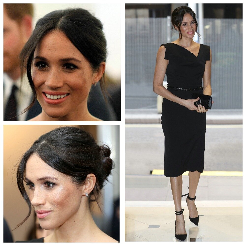 Нейтральное платье,классический фасон,простой пучок и спокойный макияж,и пожалуй,идеальный образ готов)