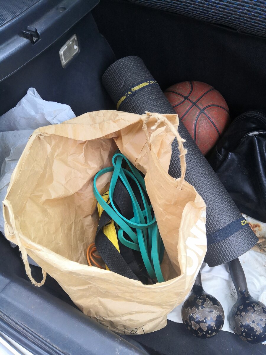 Мой тренажерный зал на колесах. 2 советские гантели по 8 кг, петли TRX, прыгалки и резинки.