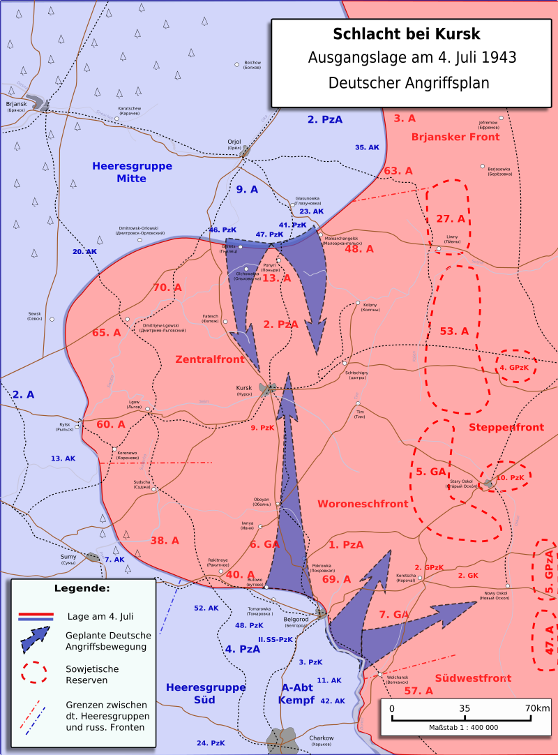 Ку́рская би́тва (5 июля — 23 августа 1943 года; также известна как Битва на Курской дуге) — совокупность стратегических оборонительной (5—23 июля) и наступательных (12 июля — 23 августа) операций Красной армии в Великой Отечественной войне с целью сорвать крупное наступление сил вермахта и разгромить его стратегическую группировку. По своим масштабам, задействованным силам и средствам, напряжённости, результатам и военно-политическим последствиям является одним из ключевых сражений Второй мировой войны и Великой Отечественной войны. В историографии считается самым крупным (величайшим) танковым сражением в истории. В нём участвовали около 2 млн человек, 6 тысяч танков, 4 тысячи самолётов; сражение проложило «путь к великим советским наступательным действиям 1944-45 годов». 
