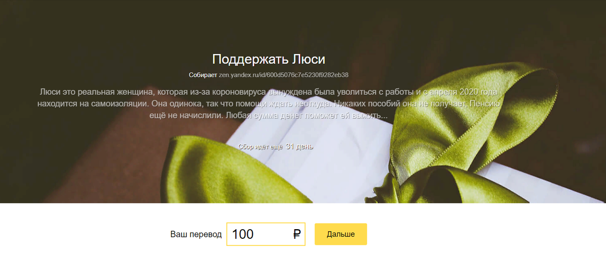 Страница для сбора денег в поддержку, будет активна ещё 31 день до 28 февраля 2021г