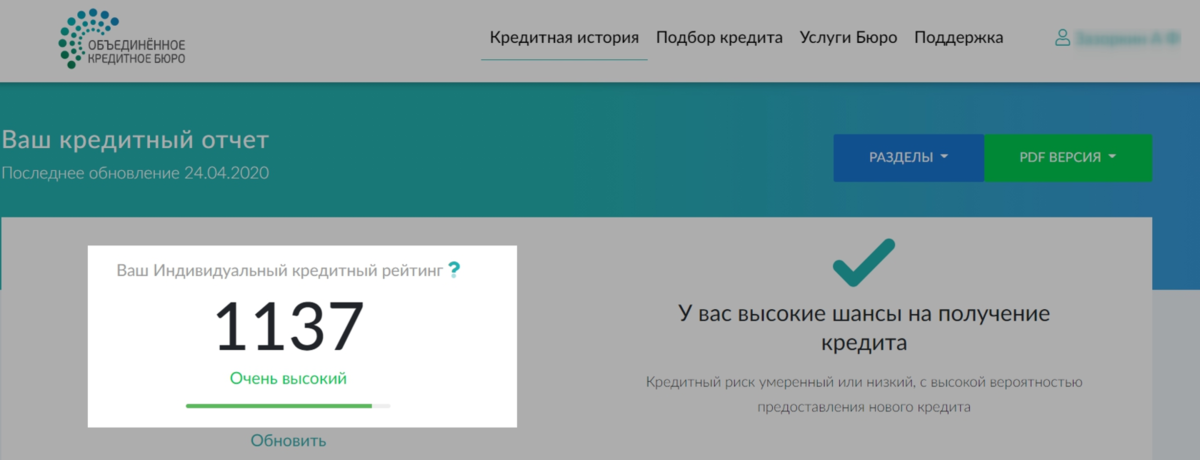 Пример кредитного рейтинга в БКИ «Обединённое Кредитное Бюро» 