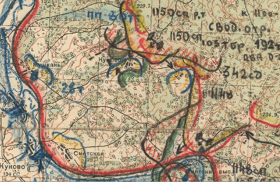 Итоги наступления 56-й пехотной дивизии 15 августа 1942 г. Советская карта