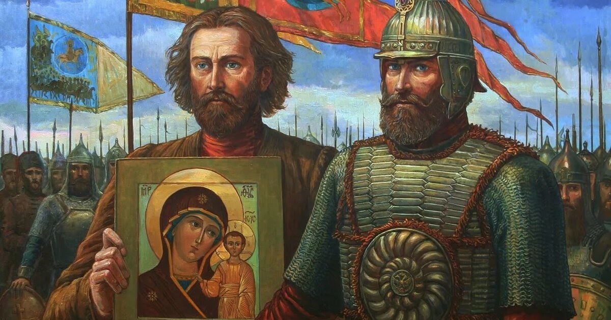 Козьма Минин и Дмитрий Пожарский с иконой Казанской божьей матери