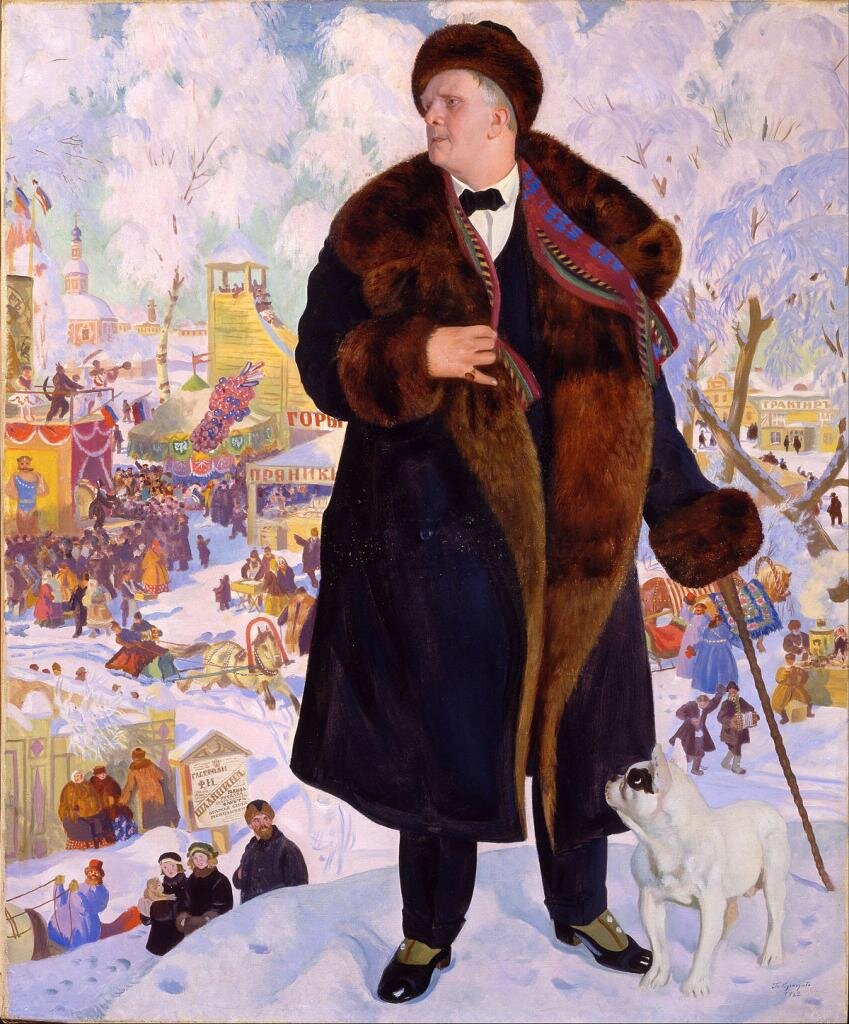 Портрет Ф. И. Шаляпина 1922 Холст, масло. 99 x 80. На картине Бориса Кустодиева «Портрет Фёдора Шаляпина» изображен известный оперный певец начала XX века – Федор Шаляпин. Несмотря на всю парадность портрета, он отражает проявление его  народного духа, того, что сделало его знаменитым на весь мир. Шаляпин и за границей остался русским человеком. Сам артист высоко оценивал данную работу и дорожил портретом, ставя его выше всех других из своей обширной коллекции картин русских художников.