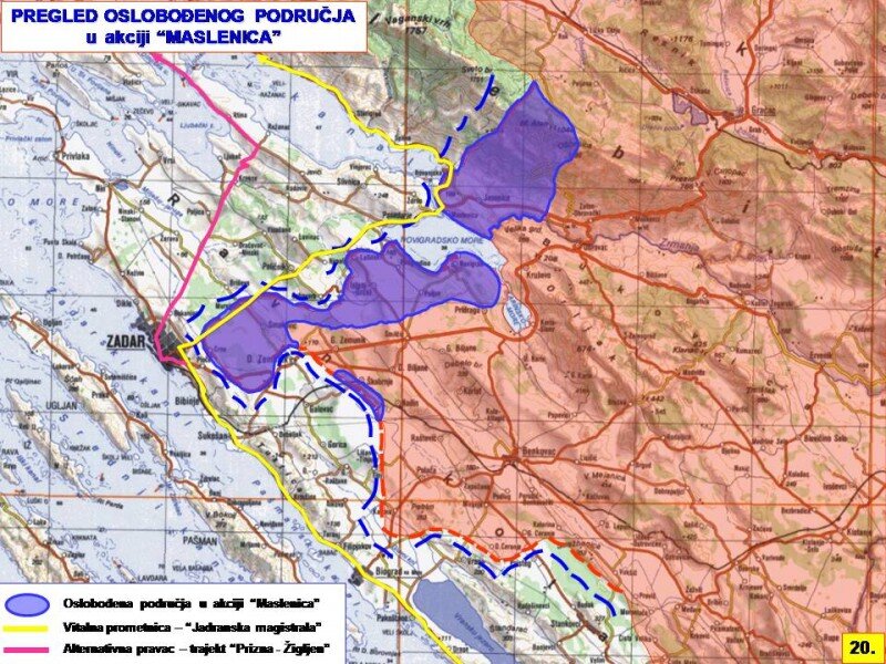 Карта операции "Масленица", проведённой хорватскими войсками с 22 января по 1 февраля 1993 года. Жёлтая линия - это "Ядранска магистрала", стратегически важное шоссе вдоль побережья Адриатики. Фиолетовым цветом выделены районы, освобождённые хорватской армией в ходе операции. Видно, что площадь этих районов очень невелика, но их стратегическое положение огромно - хорватам удалось разблокировать Задар и предотвратить возможное рассечение территории страны. Фото с сайта narod.hr.