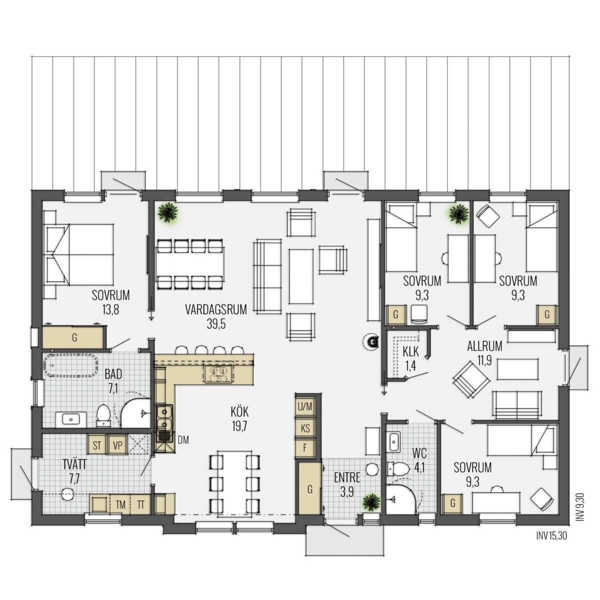 Планировка одноэтажного дома с 4-мя спальнями