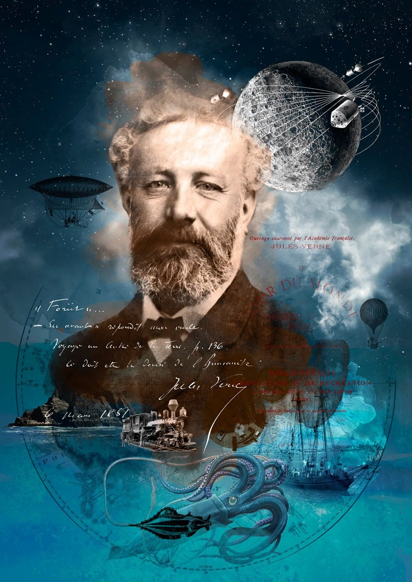 Jules verne. Фантаст Жюль Верн. Жюль Верн портрет стим панк. Жюль Верн коллаж. Жюль Верн портрет писателя.