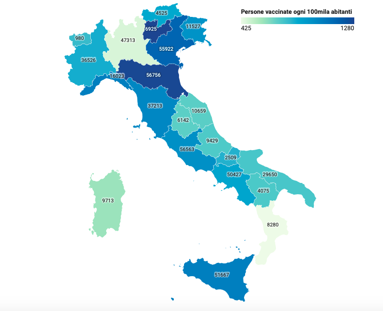 инфографика с актуальными (на 9 января 2021 года) данными по доле вакцинированного населения в разных регионах Италии от местного Минздрава