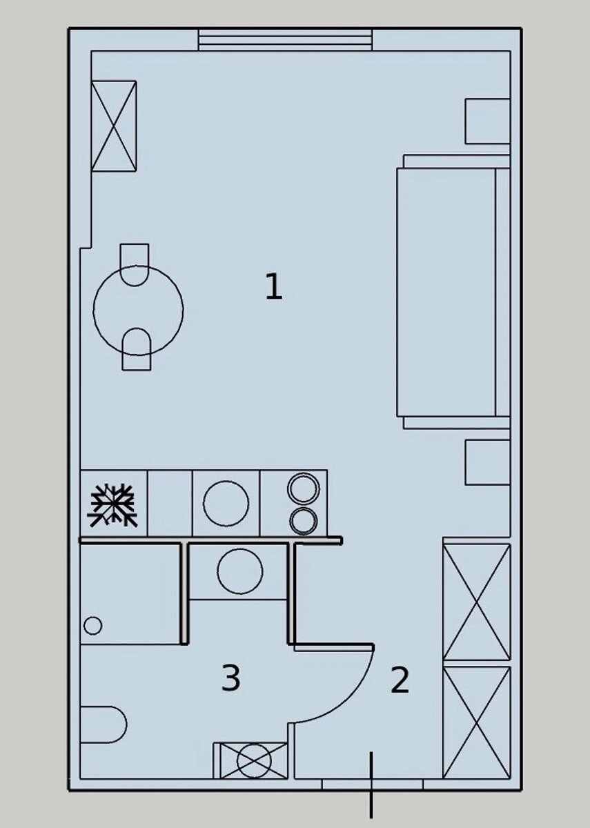 Прихожую и санузел отделили стенами из пеноблоков. В отделке придерживались светлой цветовой гаммы — стены покрасили, а на пол в жилой зоне положили ламинат.