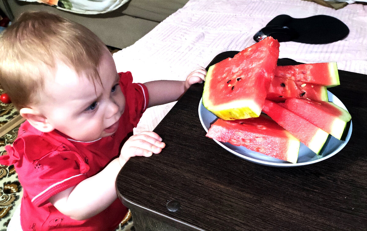 Полина охотится за арбузом. Решила не давать ей - всё-таки самый нитратный фрукт. Или ягода. Или тыквина (так в синем тракторе сказали 🤣)