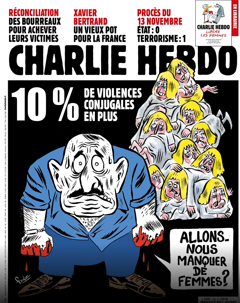 Charlie Hebdo от 24 ноября 2021г. Надпись на обложке: Домашнее насилие выросло на 10%. "Будем ли мы скучать по женщинам?"