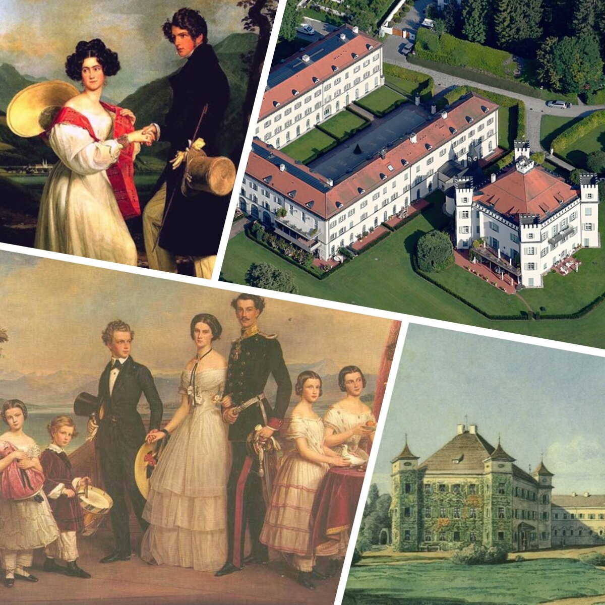  Родители Максимилиан Иосиф и Людовика. Внизу на семейном портрете Мария София Амалия крайняя справа. Справа - замок Поссенхофен.