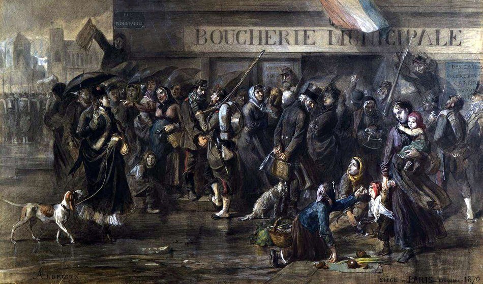 Очередь, ждущая под дождем подвоза конины в муниципальную мясную лавку. Такие картины можно было наблюдать в осажденном Париже осенью 1870 года. Настоящий голод еще не наступил и на собак пока никто не покушается.