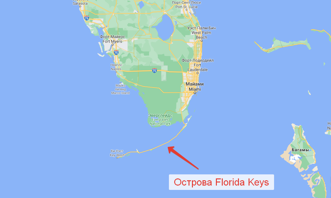 Острова Florida Keys на реальной карте. Скриншот с Google Maps.
